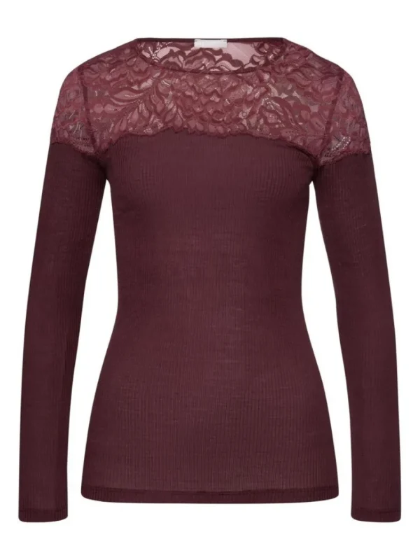 Hanro Maria L/SLV Shirt uld/silke med blonde - Deep Maroon^Dame Overdele