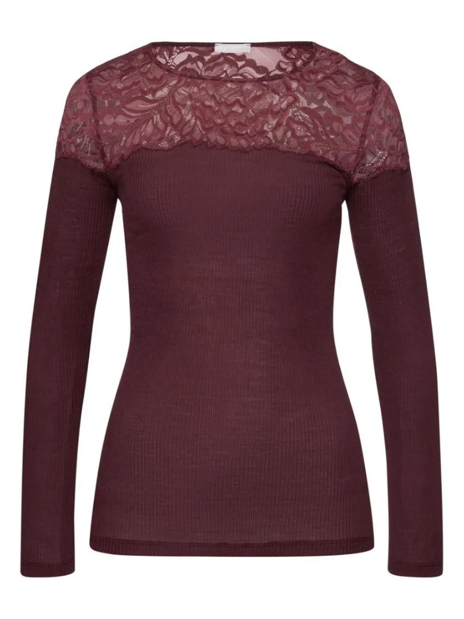 hanro_maria_lslv_shirt_ul_0.webp Hanro Maria L/SLV Shirt uld/silke med blonde - Deep Maroon^Dame Overdele
