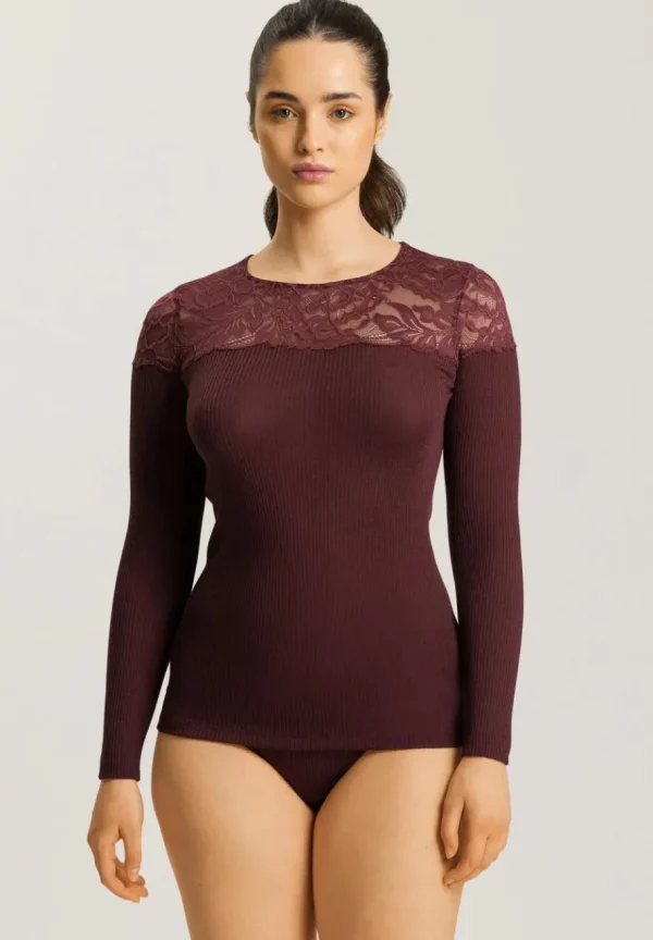 Hanro Maria L/SLV Shirt uld/silke med blonde - Deep Maroon^Dame Overdele