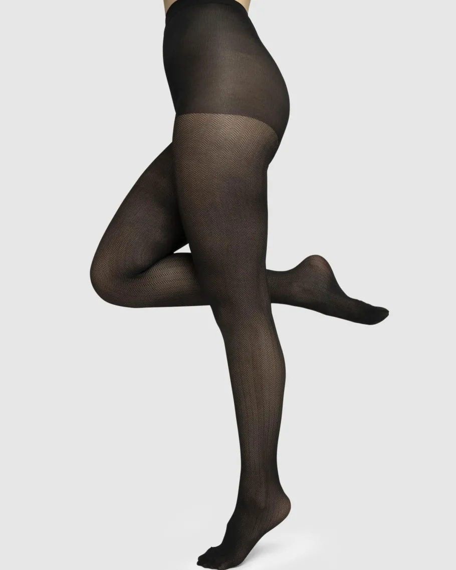 swedish_stockings__nina_f_1.webp Swedish Stockings - Nina fishbone tights - Black 40den^Dame Sokker Og Strømpebukser